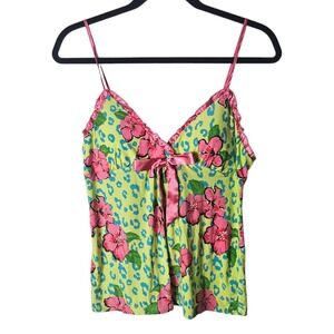 Medium Green Pink Floral Babydoll Top Ribbon Bow Padded Y2K‎ Bright Coquette
